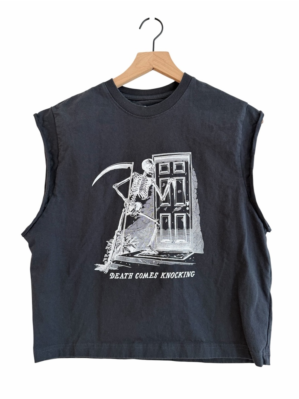 BDG Black Sleeveless Graphic Boxy Tee "Death Comes Knocking"